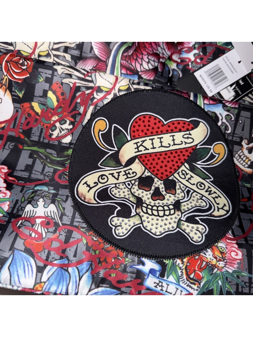 Ed Hardy Love Kills Slowly Tattoo Print Black Shoulder Bag Y2K New Purse Womens - Picture 2 of 8